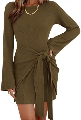 dowerme Women's Casual Mini Dress 2026 Bell Long Sleeve Boat Neck Tie Waist Bodycon Dresses Knitt... | Amazon (US)