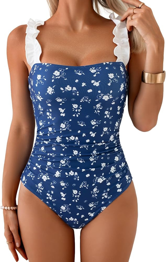 Eomenie Women's One Piece Swimsuit Tummy Control Square Neck Bathing Suit Ruffle Straps Ribbed Sw... | Amazon (US)