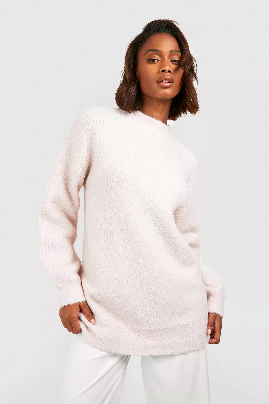 Pastel Pink Boucle Knit Oversized Jumper | Boohoo.com (UK & IE)