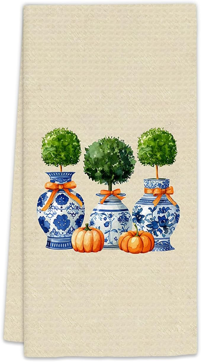 Chinoiserie Fall Pumpkin Kitchen Towels, Blue White Porcelain Topiary Tree Decor Dish Towels, Pum... | Amazon (US)
