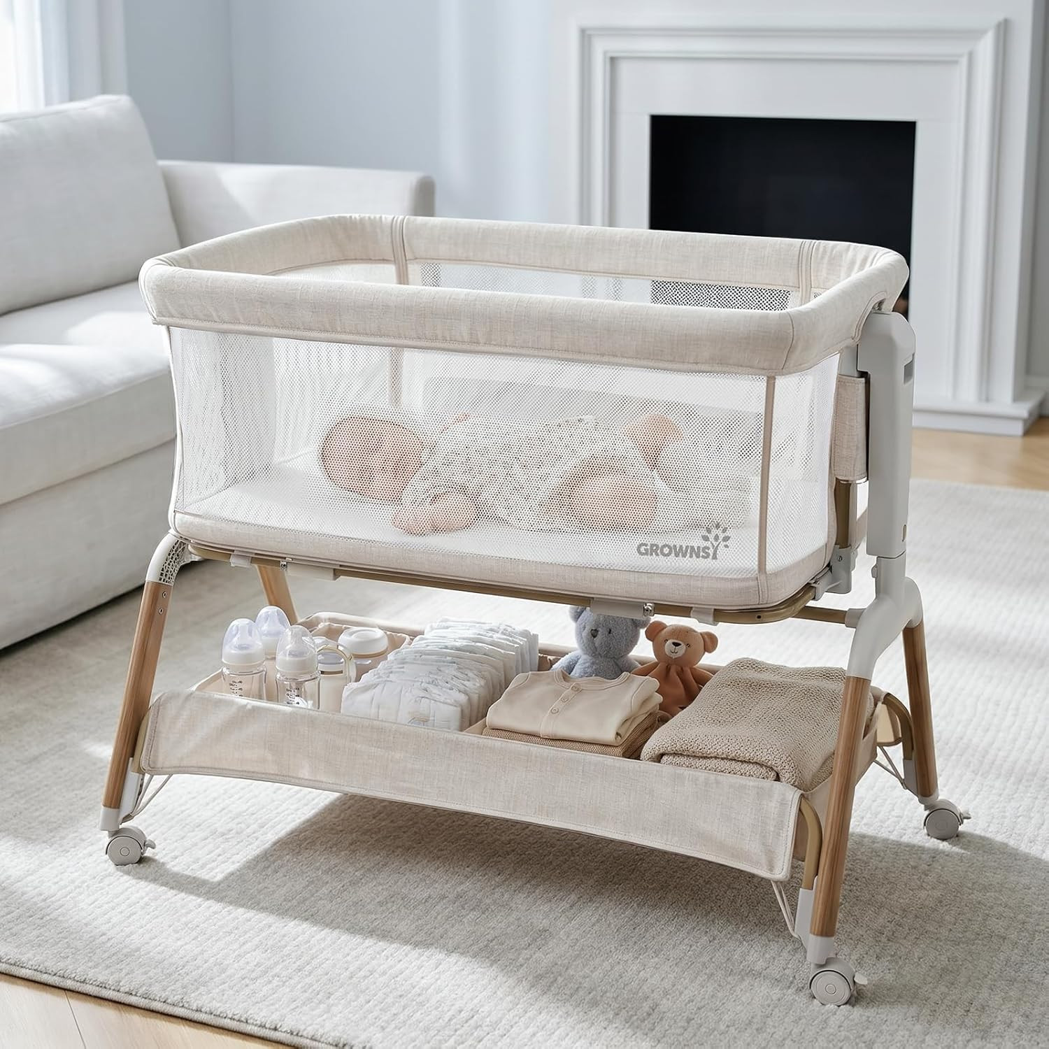 GROWNSY 5-in-1 Baby Bassinet Bedside Sleeper with Gentle Rocking Mode, 6 Adjustable Heights, Full Breathable Mesh, Convertible to Portable Crib, Bassinets with Mattress & Wheels, Beige | Amazon (US)