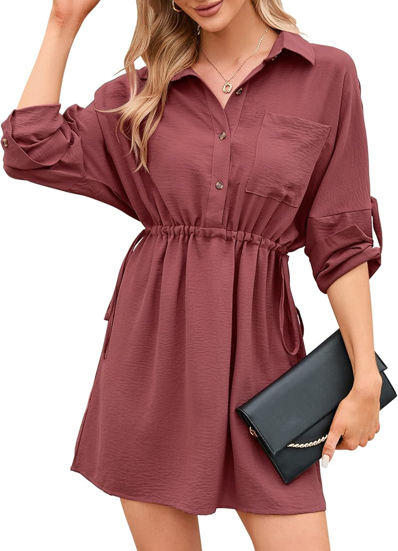 KOJOOIN Womens Button Up Dress Collar V Neck Casual Roll Up Long Sleeve Drawstring Mini Shirt Dresse | Amazon (US)