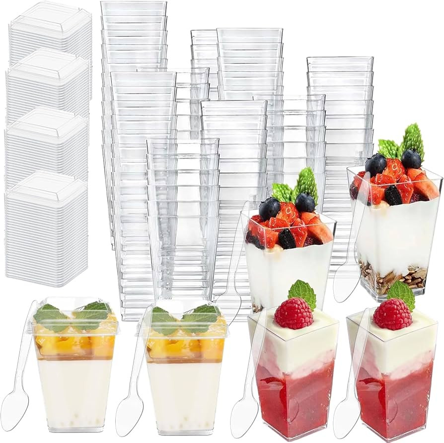 100 Pack Square Dessert Cups with Lid, 3oz Clear Mini Shooter Cups with Spoon for Party, Reusable... | Amazon (US)