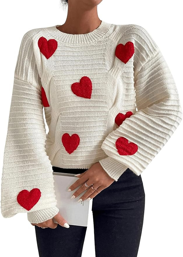 Verdusa Women's Heart Print Drop Shoulder Crew Neck Long Sleeve Graphic Print Sweater Knit Tops | Amazon (US)