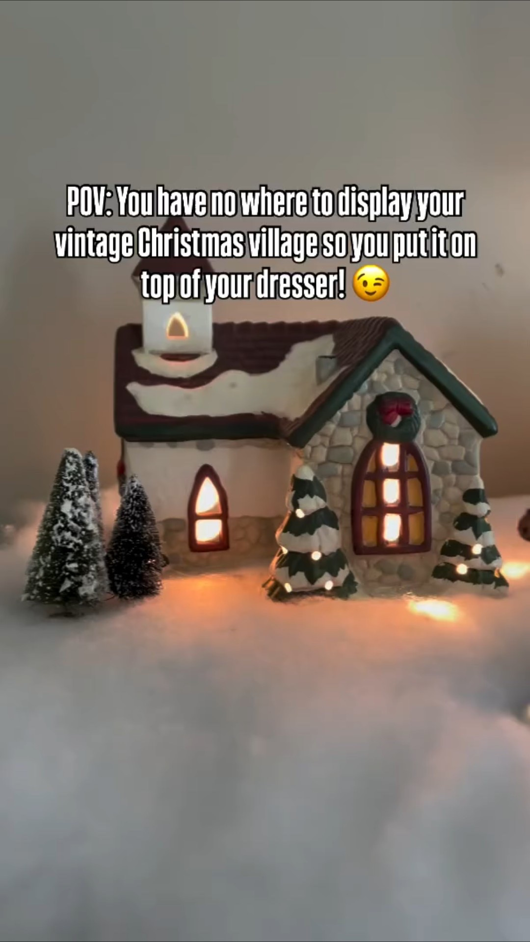 No space for your Christmas village? Girl, throw it on the dresser! 😂✨ Mine was passed down from my Mimi and I definitely wanted to display it somewhere, but had no idea where. This little hack now gives our whole bedroom the dreamiest glow. Added a few battery candles and BOOM, instant magic. 😉