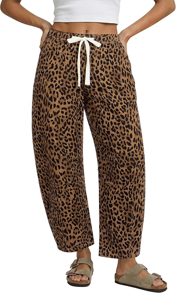 GRAPENT Barrel Jeans for Women Trendy High Waisted Pull On Wide Leg Cropped Leopard Cheetah Print... | Amazon (US)
