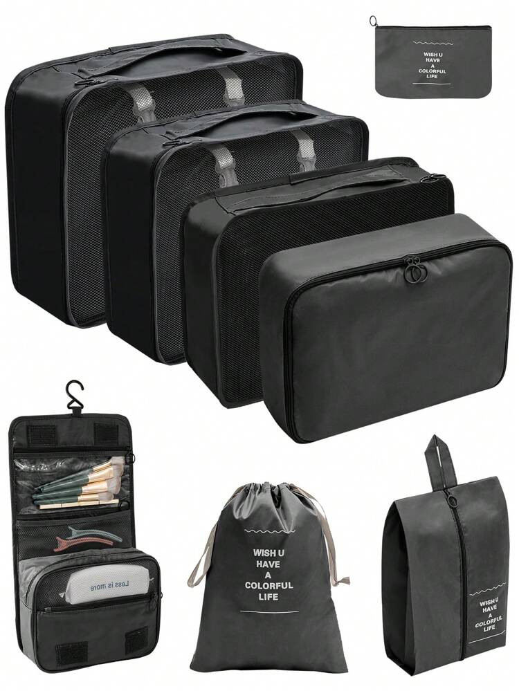 8pcs/set Polyester Travel Storage Bag, Minimalist Black Slogan Graphic Foldable Travel Backpack F... | SHEIN