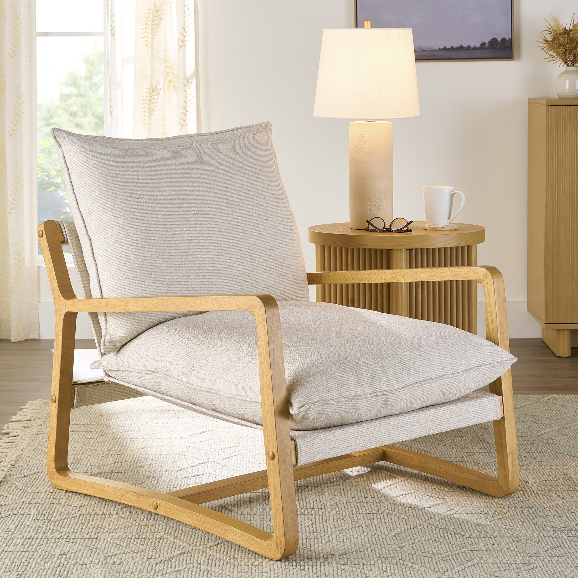 Better Homes & Gardens Wooden Ezra Sling Chair, Cream Linen | Walmart (US)