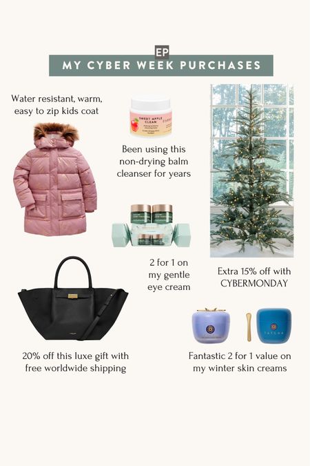 Checked as of Wednesday 11/29 and the skincare and tree discounts are still active! Boden and bag sale has ended 

What I purchased recently: 

• skincare restocks for myself , the values shown are so good basically get 2 for the usual price of 1

• been wanting a more sparse, rustic Christmas tree and finally bought this with code CYBERMONDAY for extra 15% off. Pricey so I’ve been debating over this for a while but got it super fast and it is beautiful! We got the 7 foot LED

This tree has a slightly dusty winter green color that I like instead of a regular dark green, and is realistic looking and very sturdy feeling. Hope to use this for many years !

I also linked a totally different , flocked style king of Christmas tree I’ve had for many years now that’s on sale (no extra 15% off) and is nice quality and comes in slim for small spaces 

• quality kids basics

• got the always pan on sale to give as a gift 

• and crossed a few gifts off my list including a luxury quality demellier bag for a special international recipient (thankful demellier does free global ship with taxes and fees included)#LTKCyberWeek

#LTKbeauty #LTKGiftGuide