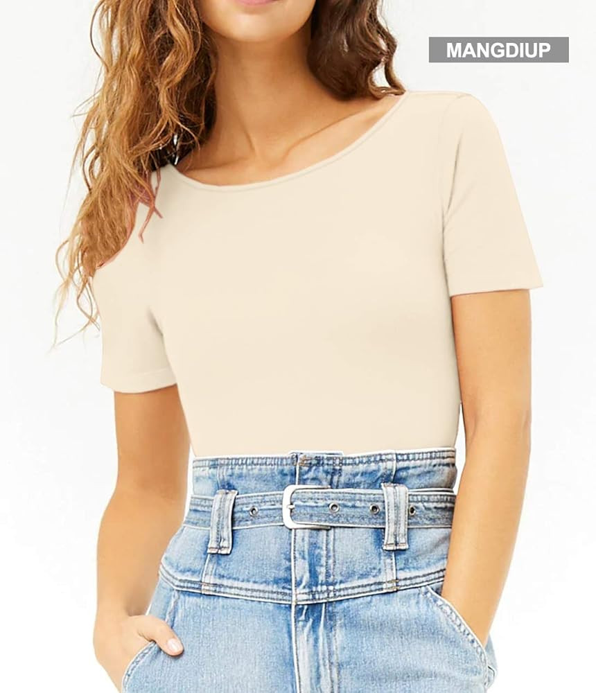 MANGDIUP Women's Round Collar Short Sleeve Basic Bodysuits Jumpsuits | Amazon (US)