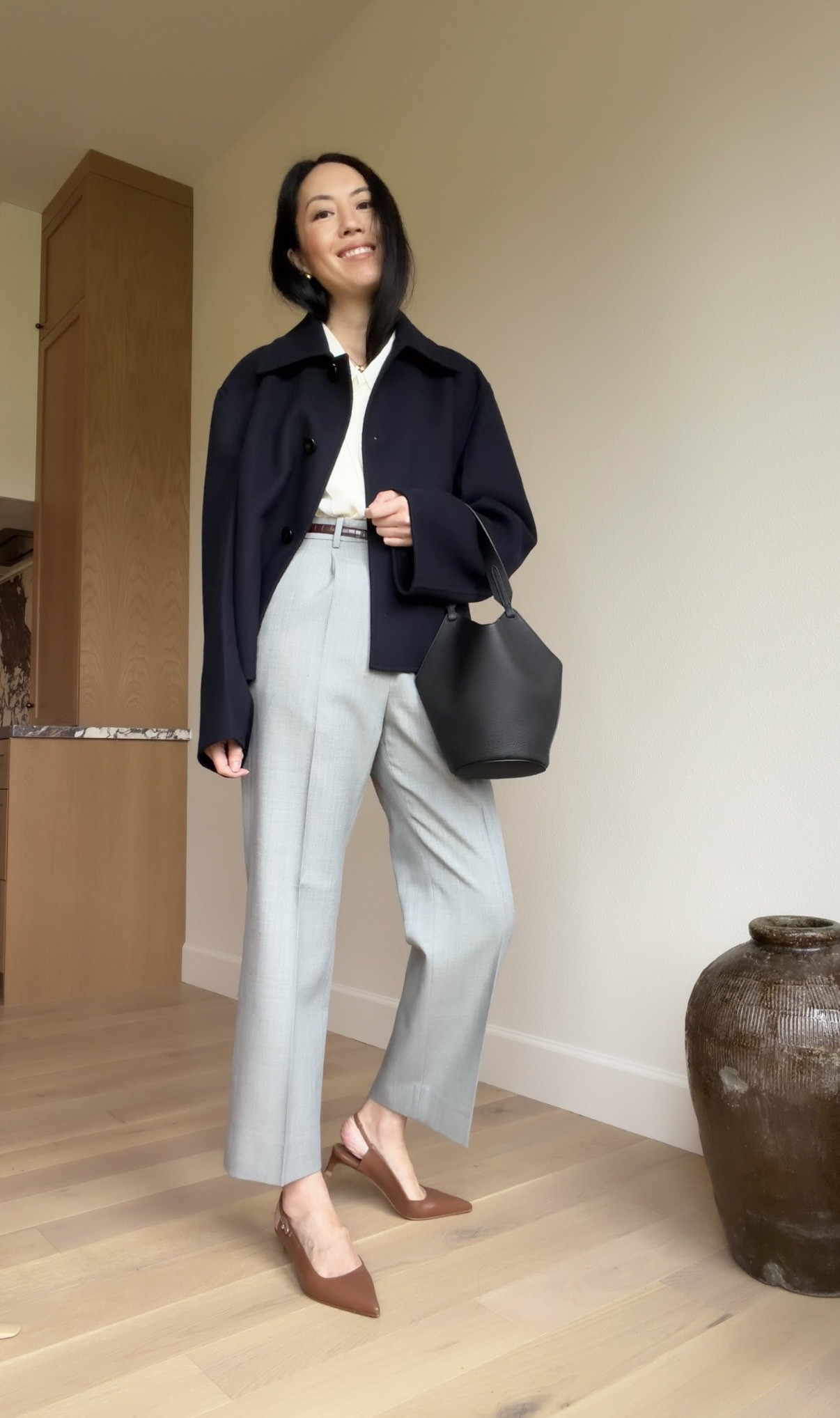 Mixing gray pants, brown belt, camel shoes, navy jacket, and black bag in a non traditional way. 

#classicstyle
#springoutfit
#workwear
#springstyle
#officeoutfit

#LTKSeasonal #LTKootd #LTKWorkwear