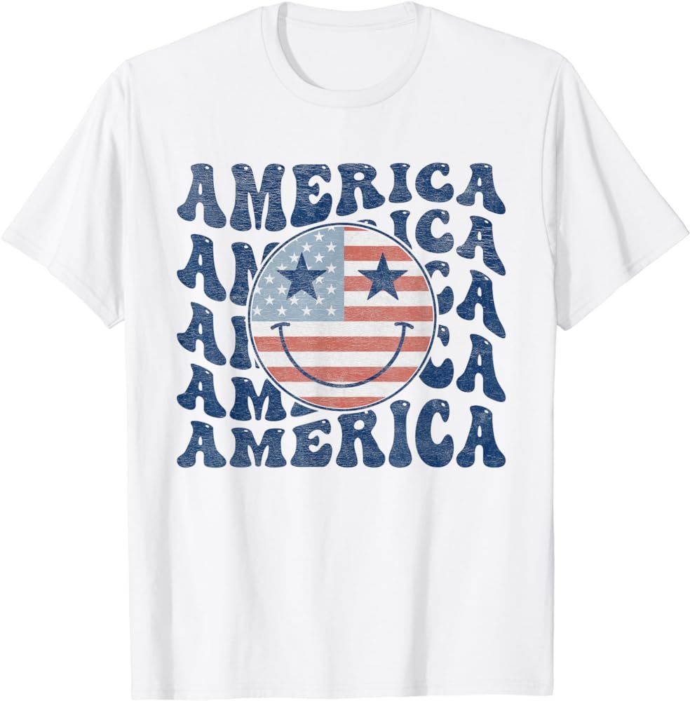Retro Groovy America USA Smile Face Patriotic 4th of July T-Shirt | Amazon (US)