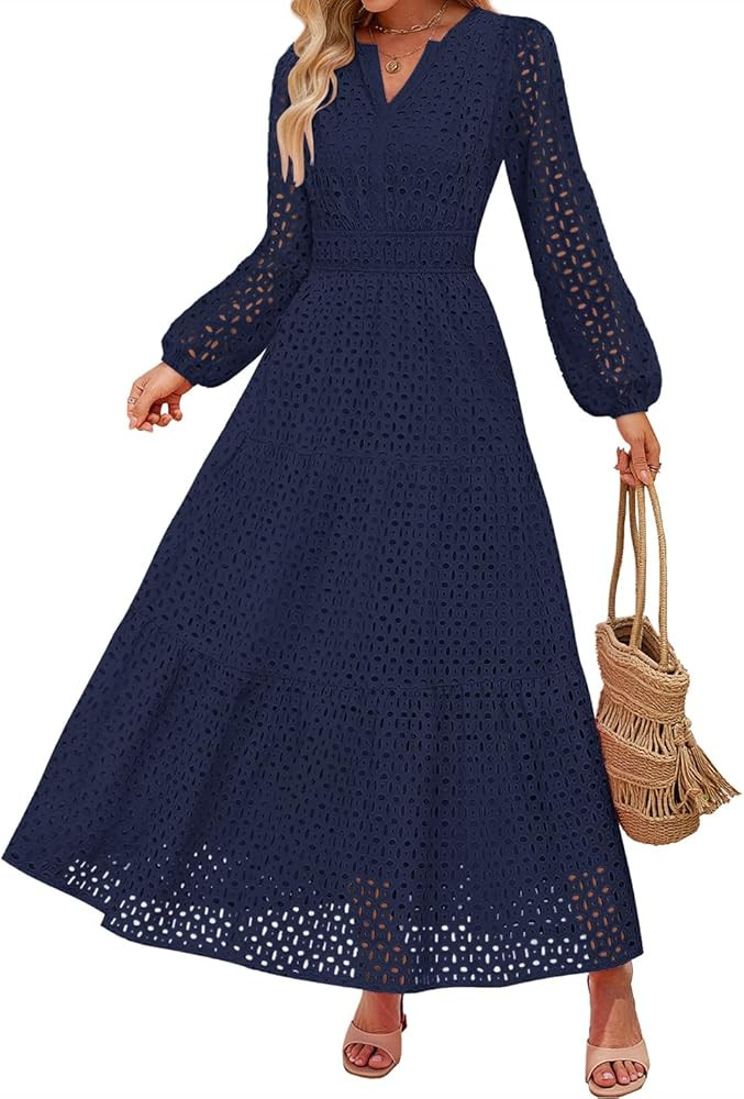 ZESICA Women's 2026 Spring Long Sleeve Maxi Dress V Neck Hollow Out Eyelet A Line Long Flowy Casu... | Amazon (US)