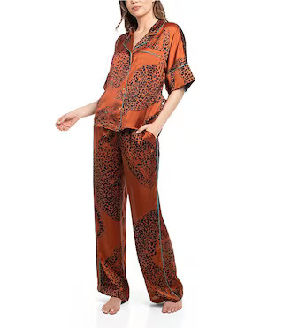 Wild Cat Print Short Sleeve Notch Collar Long Satin Pajama Set | Dillard's