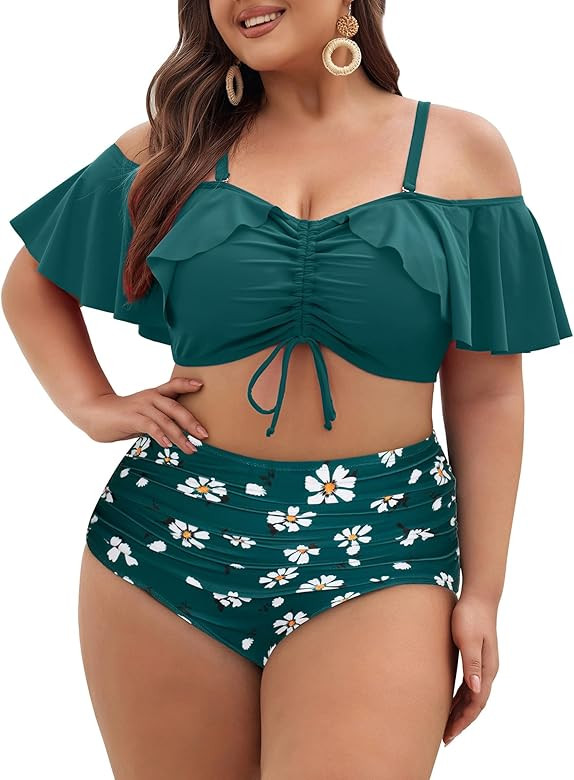 Hanna Nikole Plus-Size-Bikini Curvy Women Ruffle Drawstring Swimsuit 2 Piece Bathing Suit Ruched ... | Amazon (US)