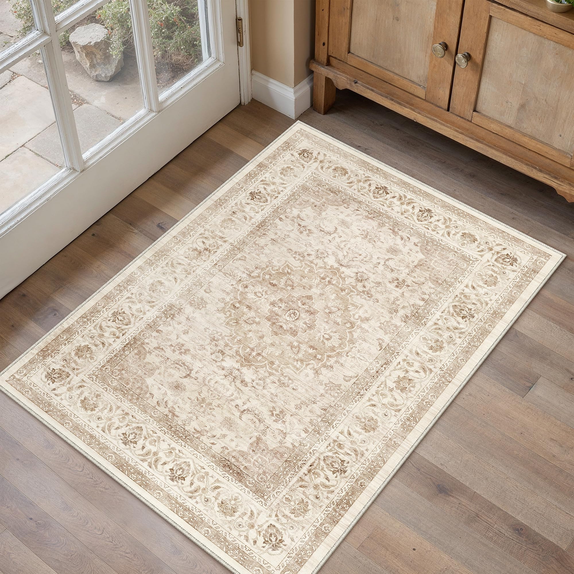 2x3 Beige Washable Vintage Runner Rug for Living Room Bedroom Soft Tranditional Non Slip Thin Thr... | Amazon (US)