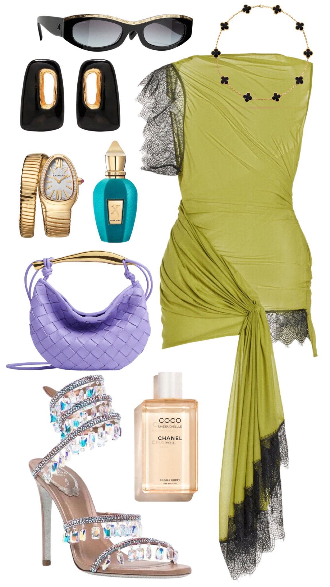 christopher esber dress 
rene coavilla spiral heels 
bottega veneta bag 
chanel sunglasses 
marni earrings 
bulgari serpenti watch 
van cleef and arpels 10 motif onyx necklace 
xerjoff erba pura
chanel body oil 

#LTKstyletip #LTKFind #LTKbeauty