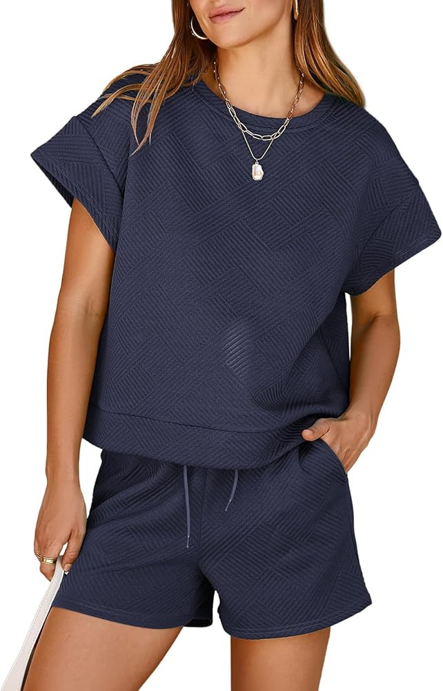 Dokotoo Women's 2 Piece Outfits Sweatsuit Casual Short Sleeve Pullover Tops and Drawstring Shorts... | Amazon (US)