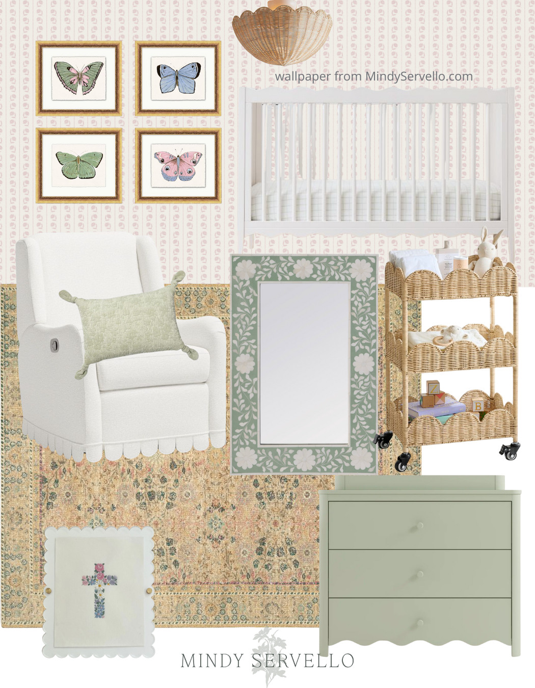 a beautiful feminine, neutral nursery for a little girl. Sage green dresser, scalloped glider, jordan connelly butterfly artwork, white crib, cross art and scalloped wheeled table 

 #LTKHome #LTKFindsUnder100 #LTKBaby