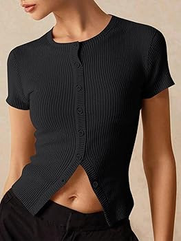 Imily Bela Womens Short Sleeve Sweater Tops Summer Button Down Casual Ribbed Knit Slim Fit Croppe... | Amazon (US)