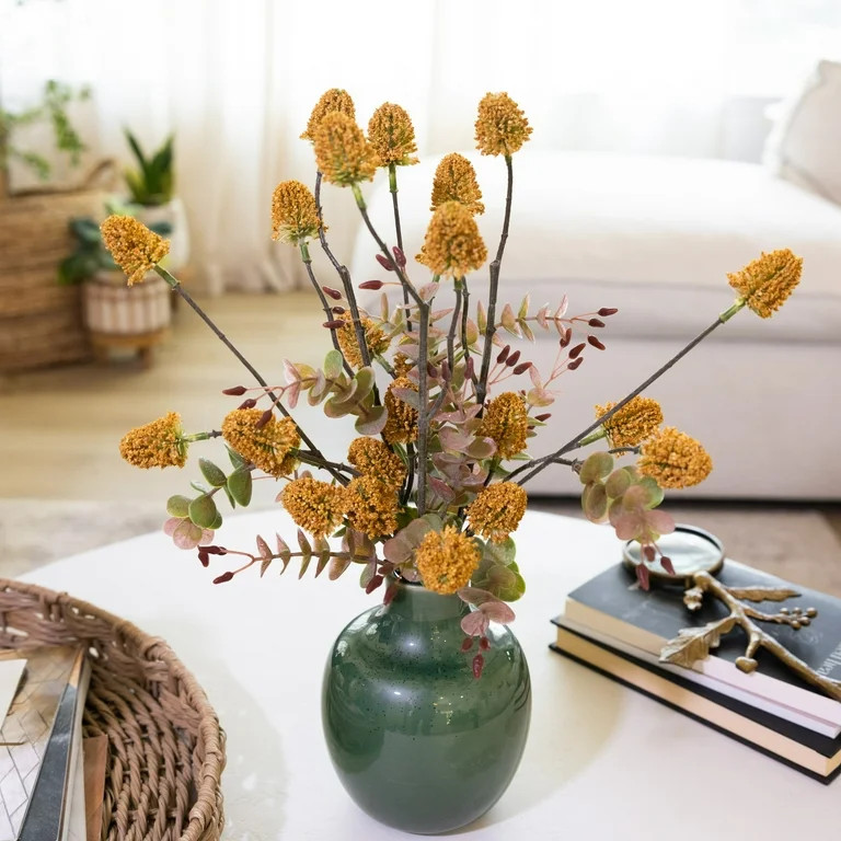 Flora Bunda 17" Artificial Thistle and Fall Leaf Arrangement in Green Ceramic Vase | Walmart (US)