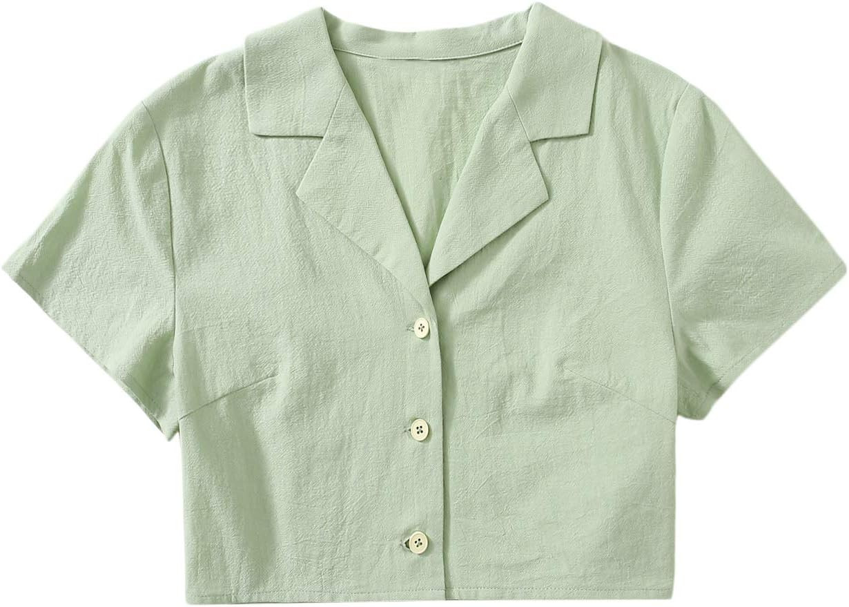 SweatyRocks Women's Short Sleeve Lapel Collar Button Down Shirt Plain Crop Top Blouse | Amazon (US)