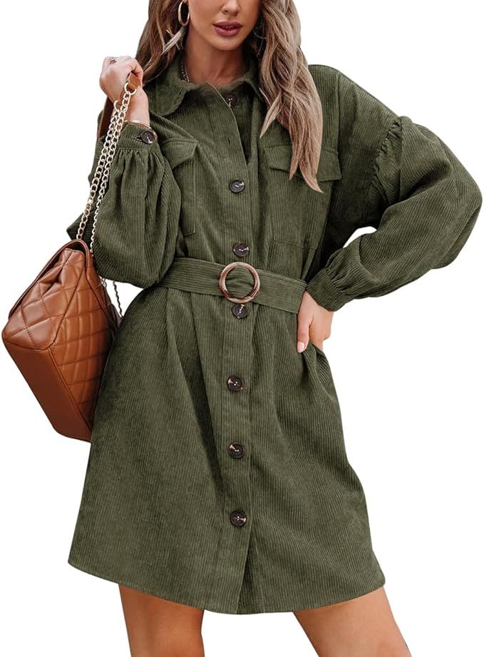 FSHAOES Women's Casual Corduroy Long Sleeve Belted Dresses Fall Button Down Shirt Dress | Amazon (US)