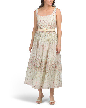 Linen Blend Belted Romantic Floral Midi Dress | Casual Dresses  | Marshalls | Marshalls