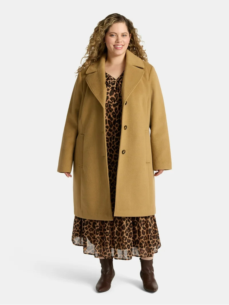 Time and Tru Women's and Women's Plus Faux Wool Boyfriend Coat, Sizes XS-2X | Walmart (US)