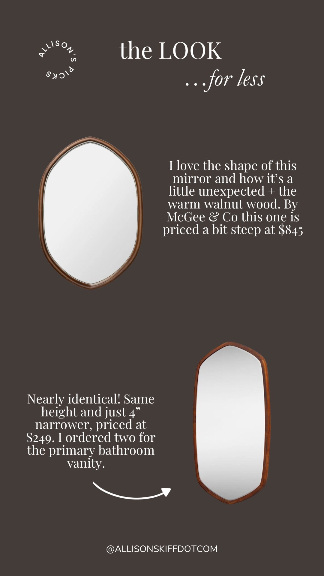 The look for less! I love the shape of these mirrors and the pretty warm walnut wood. I’m using two in my bathroom above my double sink vanity but they’d also be perfect in a hallway or above a side table.

#homedecor #interiordesign #thelookforless #styling #mirror #designer #bathroomdecor   

#LTKStyleTip #LTKHome