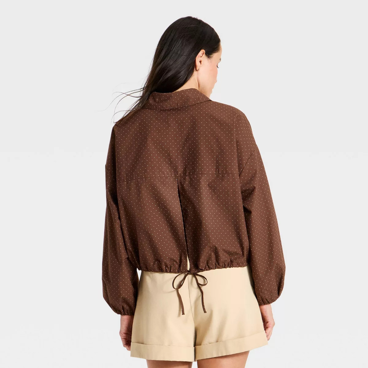 Women's Long Sleeve Button-Up Bubble Top - A New Day\u2122 Brown Polka Dots M | Target