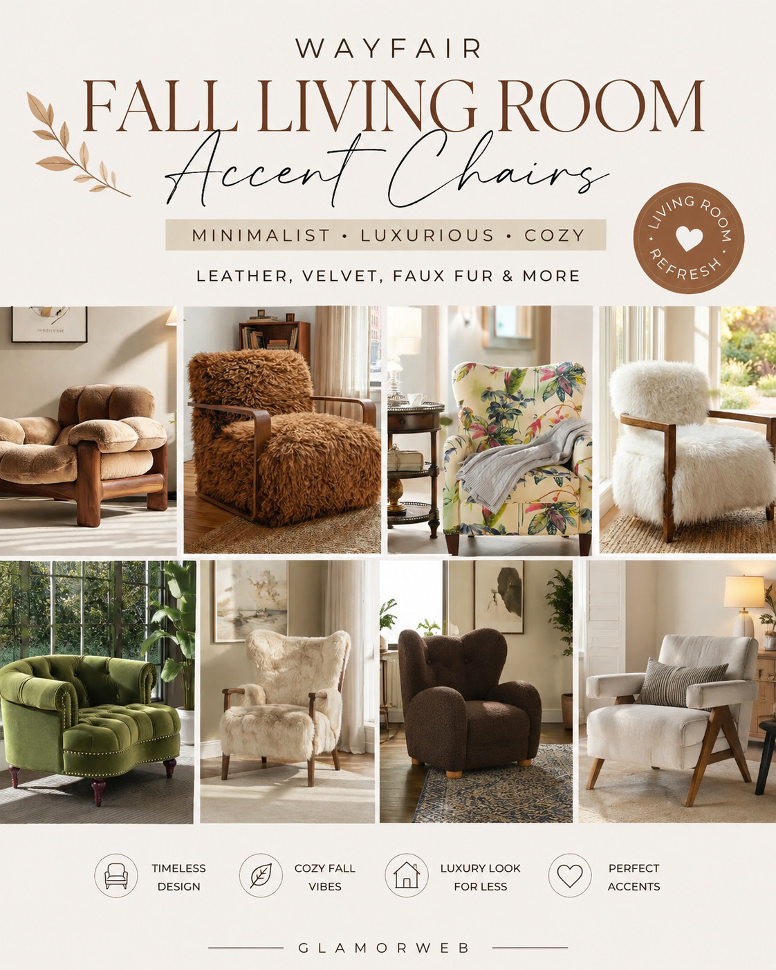 These chairs look $$$ but they’re Wayfair 😍👏 the ultimate fall living room glow-up starts HERE. Minimal, cozy, and effortlessly luxe — from rich leather tones to dreamy velvet + faux fur textures, these accent chairs are made for curling up all season long. If you want that high-end Pinterest living room without overspending… don’t skip these finds 🤎✨

#wayfairhome #ltkfallstyle #livingroomgoals #accentchairfinds #fallhomevibes #luxehome #cozyfall #neutralhomeinspo #moderncozy #homedecortrends #ltkfinds #wayfairdeals #fallrefreshideas #interiorstyling #homeinspiration #cozychic #velvetaccentchair #leatheraccentchair #fauxfurchair #warmandcozy #homeupgrade #affordablehome #pinterestinspo #ltkhomeinspo #fallaesthetic #cozycorners #minimaldecor 

 #LTKSeasonal #LTKHome #LTKSaleAlert
