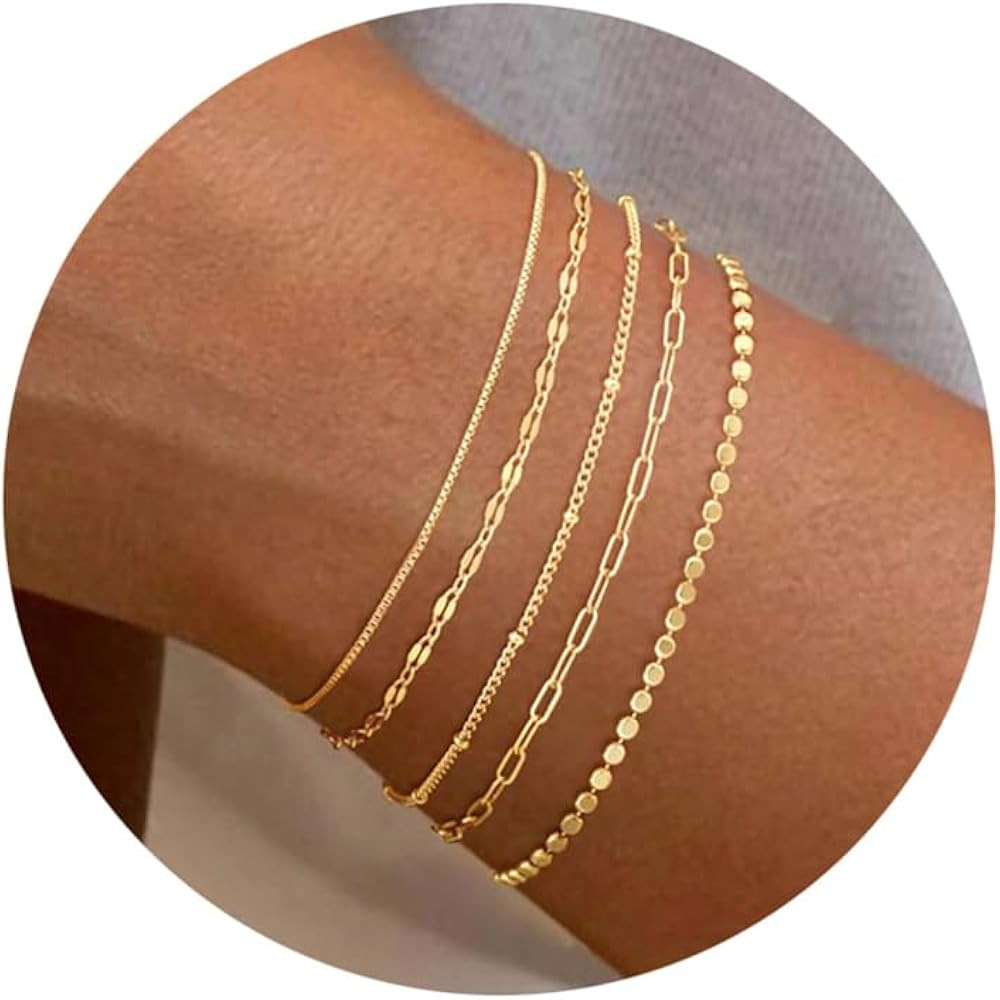 MBW Gold Bracelets for Women Trendy, Dainty 14K Gold Plated Bracelet Stack Beaded Chain Bracelet ... | Amazon (US)