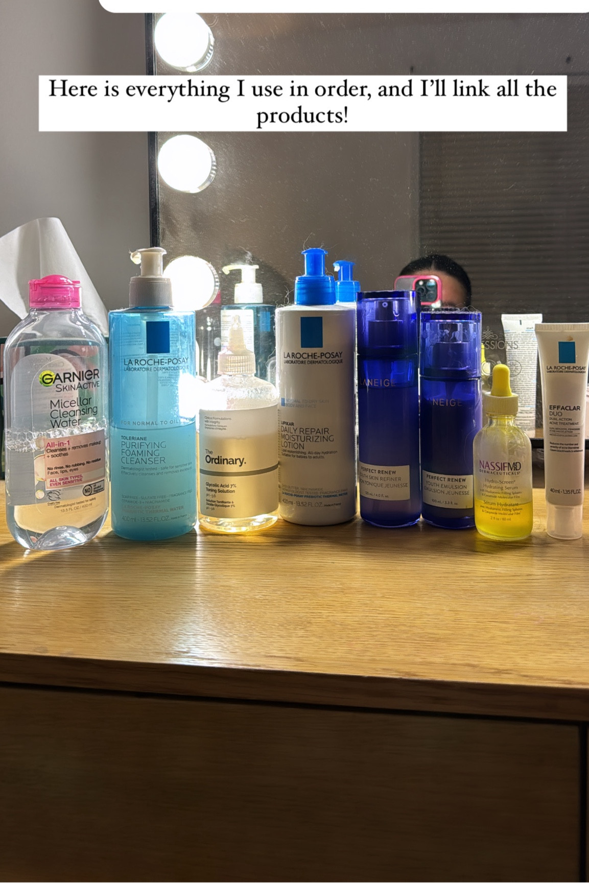 MY SKINCARE ROUTINE 
In order:
1. Miscellar water 
2. Face wash La Roche Posay
3. Ordinary glycolic acid 7% tonning solution 
4. Perfect renew laneige 
5. Perfect renew youth emulsion 
6. nassifMD hydrating serum 
7. For breakouts effaclar duo from la roche posay 

#LTKFindsUnder50 #LTKBeauty #LTKFindsUnder100