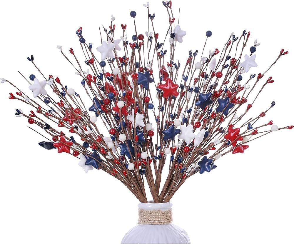 J’FLORU 6 Pack 4th of July Picks,17 Inch Artificial American Patriotic Picks Red White Blue Ber... | Amazon (US)