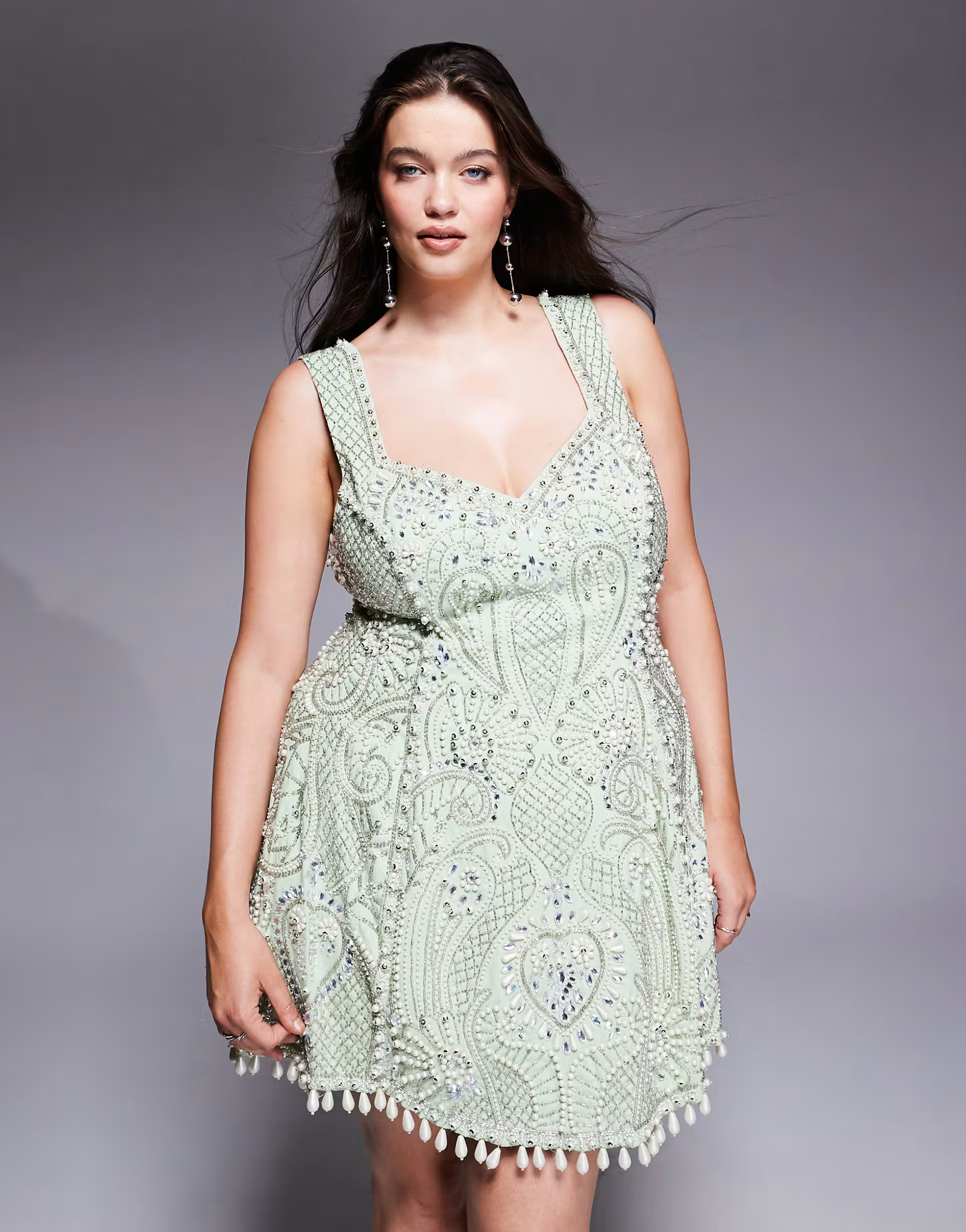 ASOS LUXE Curve embellished cotton sweetheart caged mini dress in sage green | ASOS | ASOS (Global)