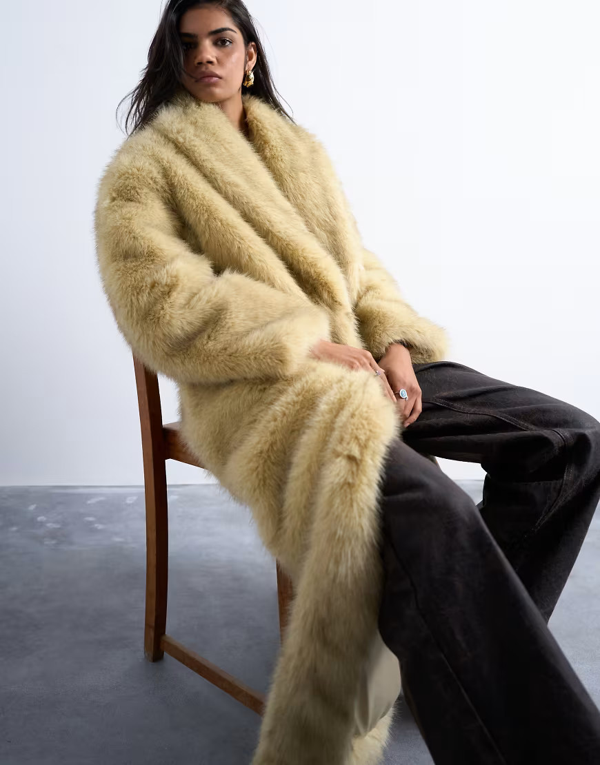 Topshop faux fur super long oversized shawl coat in buttermilk-Yellow | Topshop