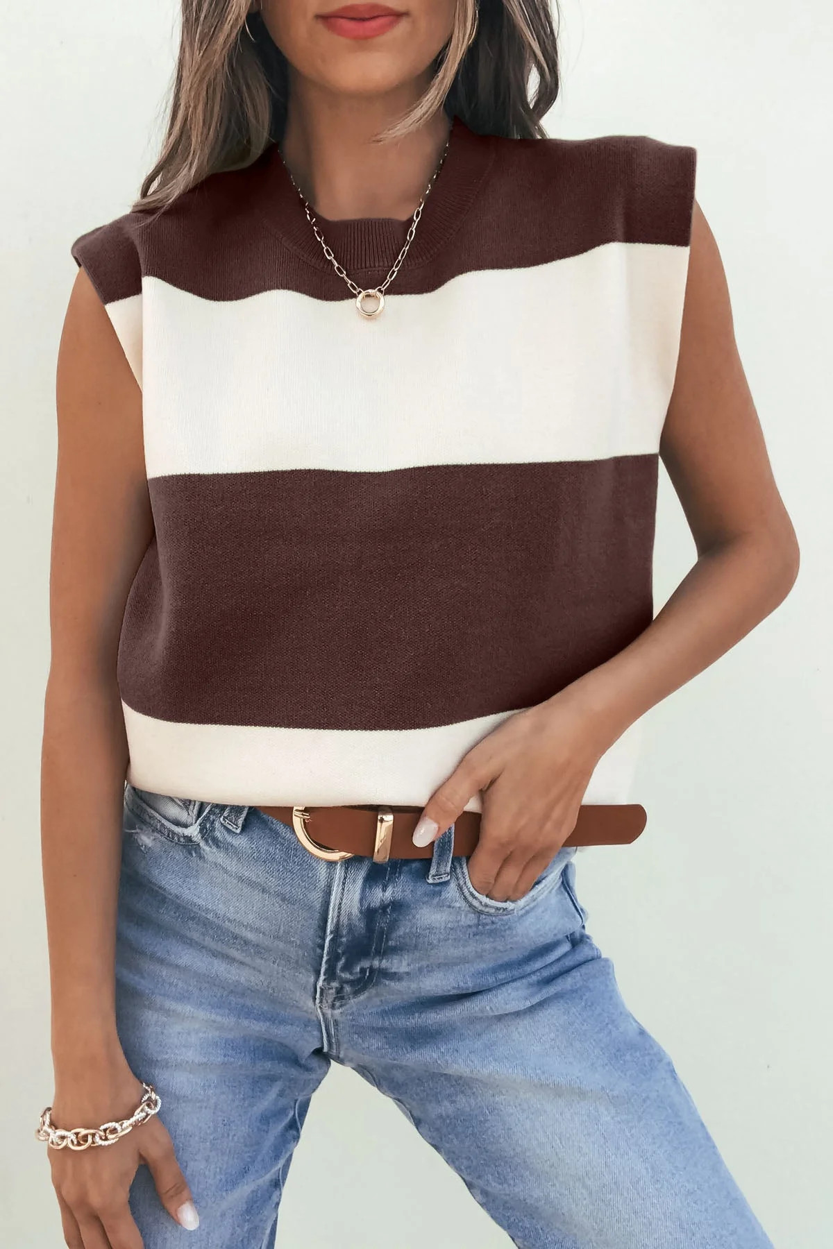 Sleeveless Brown and Cream Striped Sweater | Magnolia Boutique