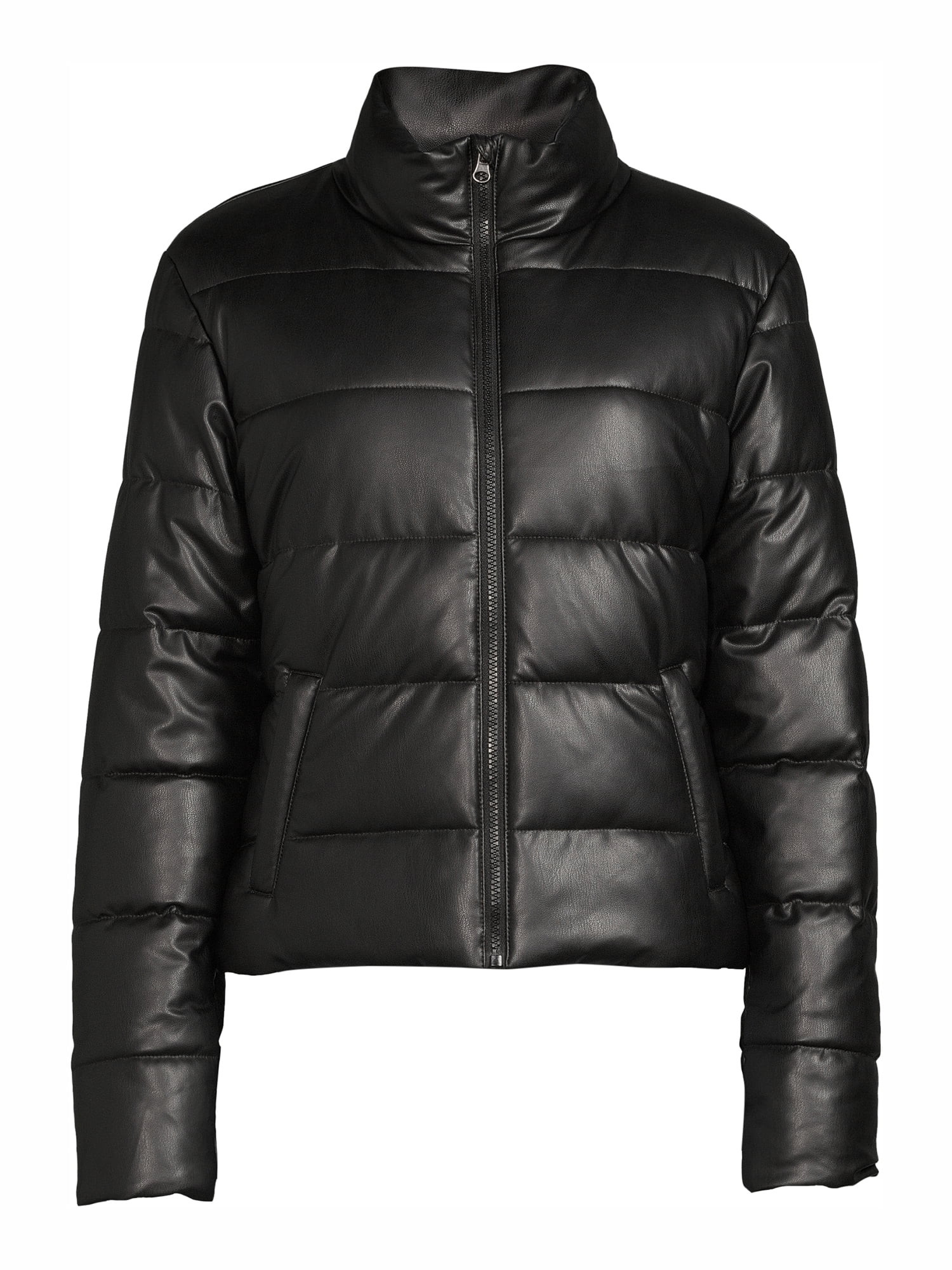 Time and Tru Women's and Plus Faux Leather Cropped Puffer Jacket - Walmart.com | Walmart (US)
