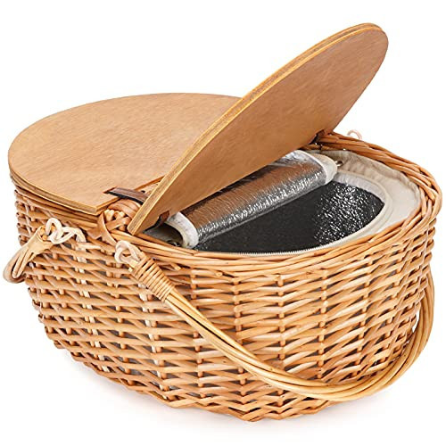 Wicker Picnic Basket with Cooler, Wooden Split Lid Picnic Basket, Vintage-Style Wicker Picnic Hamper with Folding Woven Handle for Picnic, Camping, Outdoor, Valentine Day, Thanks Giving, Birthday | Amazon (US)