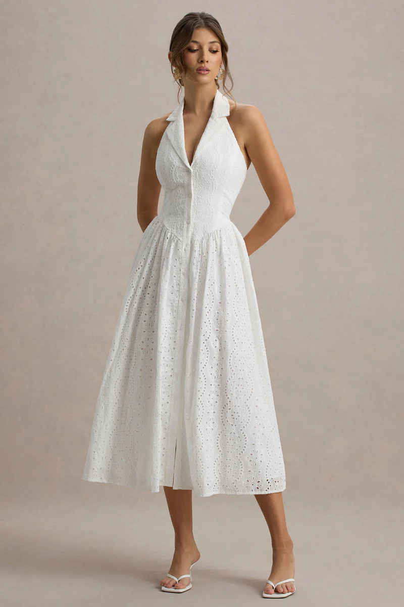 Jezebel | White Lace Plunge-Neck Collared Midi Dress | Club L London