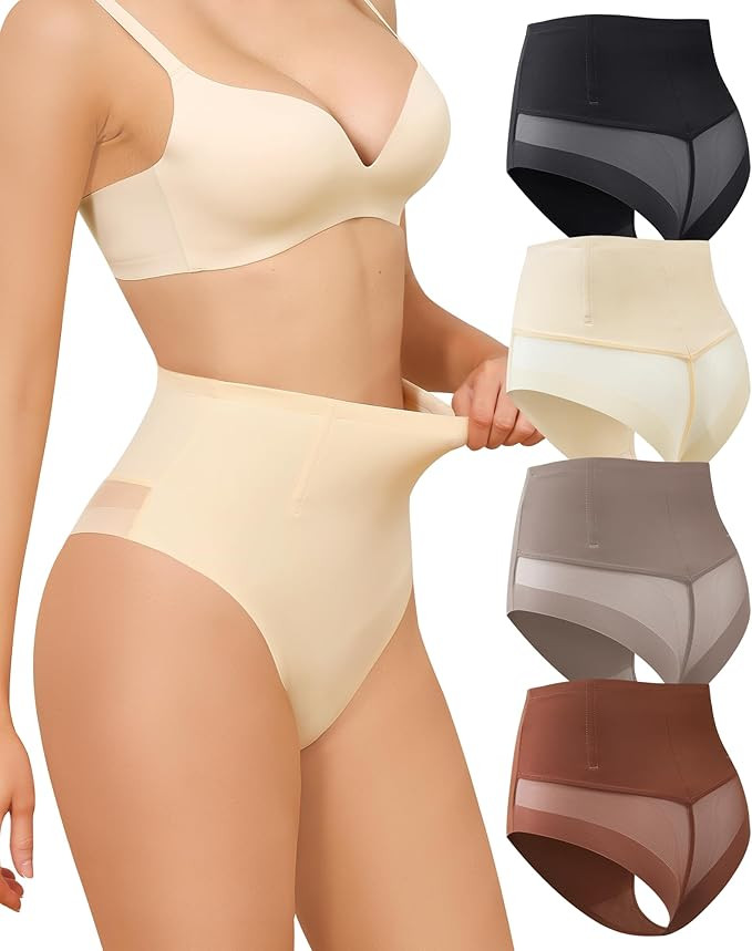 LEVAO High Waisted Tummy Control Thongs for Women, 4 Pack, S-XXXL | Seamless no show shapewear pa... | Amazon (US)