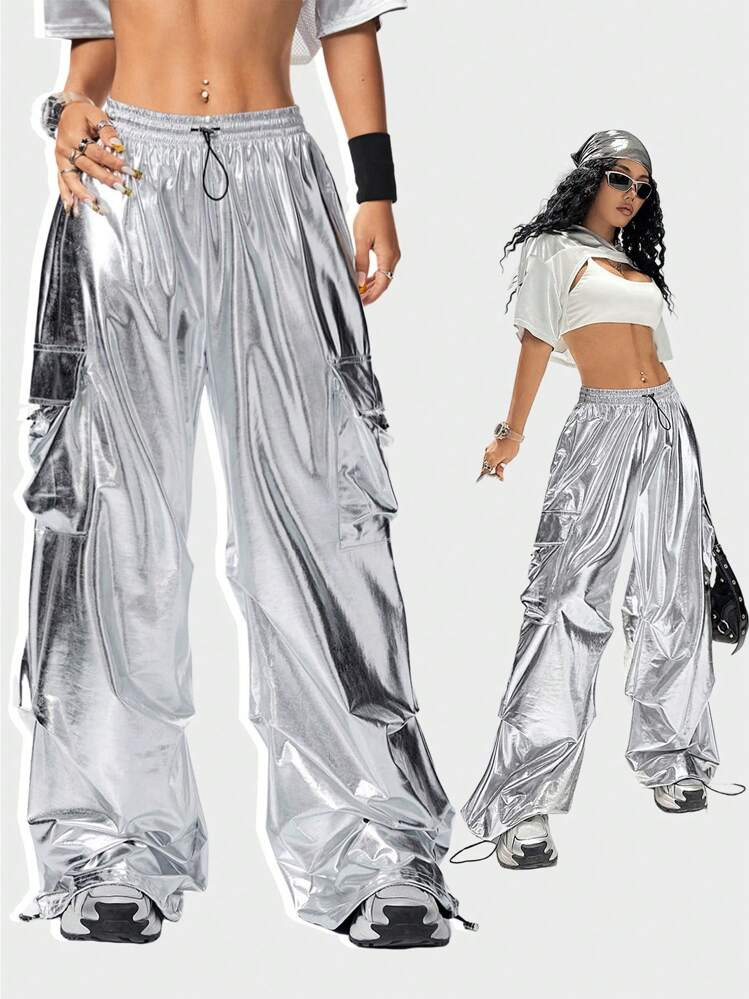 Coolane Women's Back To School Fashionable Drawstring High Waist Wide Leg Cargo Pants | SHEIN