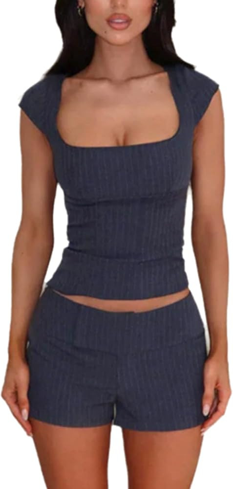 VOIKERDR 2 Piece Sets for Women Sexy Square Neck Striped Print Top and Short Outfits for Women Go... | Amazon (US)