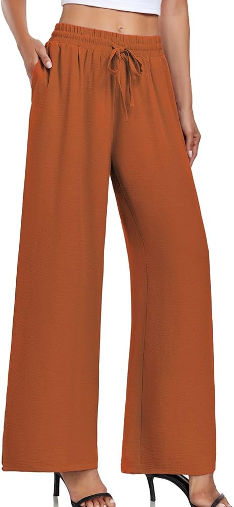 Women's Casual Pants Loose Fit Palazzo Pant Elastic Waisted Drawstring Tie Knot Trousers with Sid... | Amazon (US)