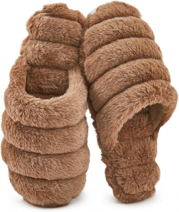 Fuzzy Slip-on Slippers for Women, Wide Ribbed Plush House Shoes | Amazon (US)