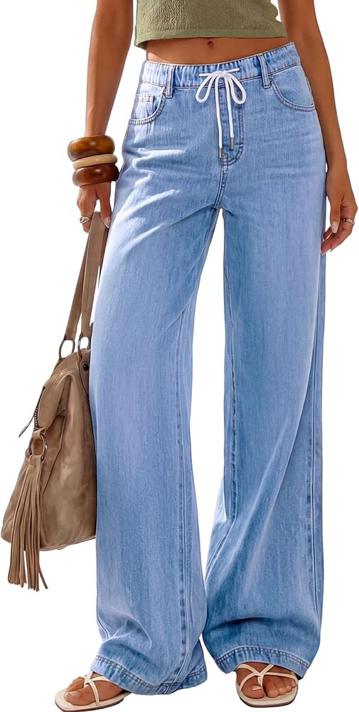 PRETTYGARDEN Womens Wide Leg Jeans High Waisted Stretchy Baggy Straight Leg Drawstring Trendy Den... | Amazon (US)