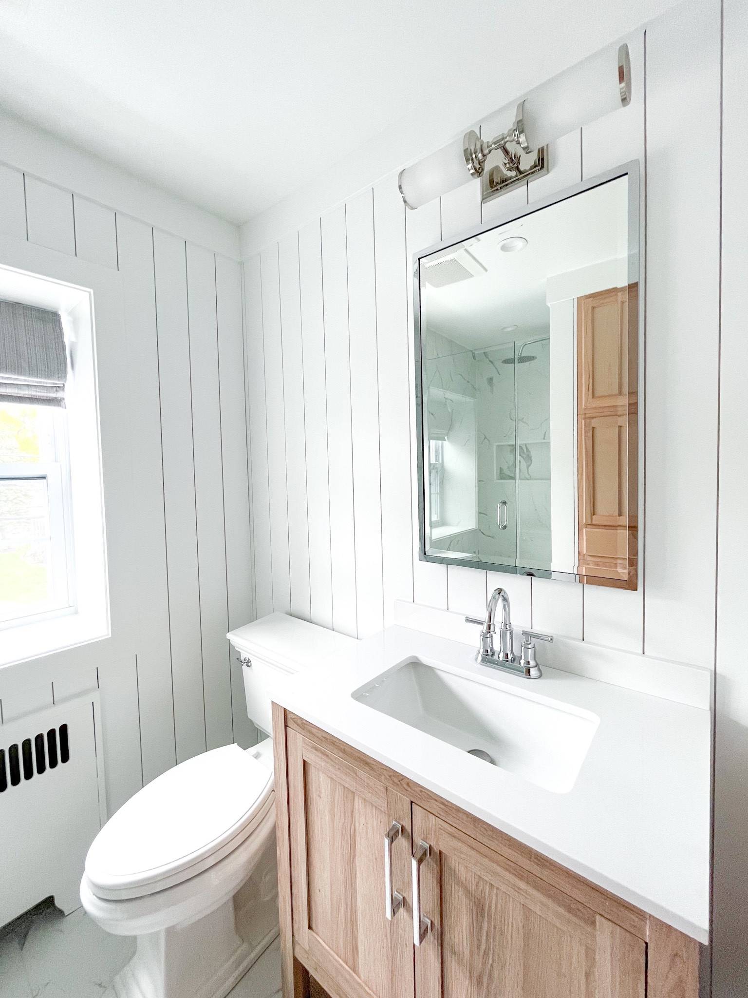 My favorite bathroom renovation design!

Primary bath, wood vanity, wood bathroom vanity, faux marble, chrome, polished chrome, pottery barn, pottery barn light, pottery barn bathroom light, pottery barn mirror, pottery barn medicine cabinet, shiplap, shower door, glass shower door, glass shower door 

#LTKunder100 #LTKhome
