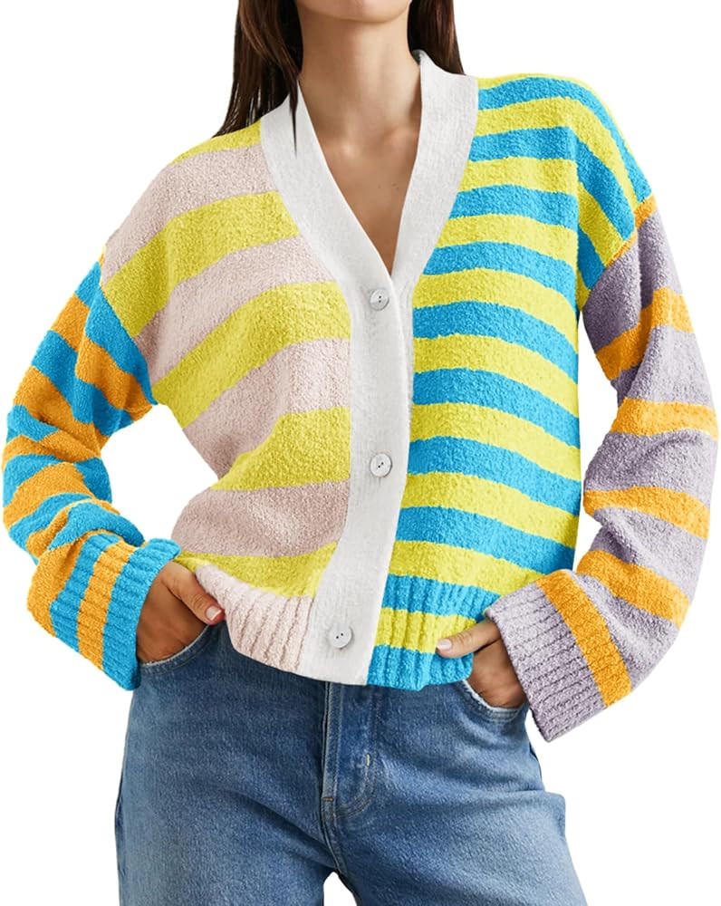 Saodimallsu Womens Striped Cardigan Sweaters V Neck Open Front Button Up Color Block Fuzzy Loose ... | Amazon (US)