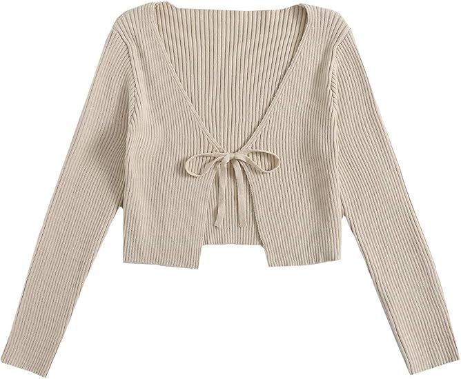 Floerns Women's Tie Front Long Sleeve Rib Knit Cardigan Crop Top | Amazon (US)